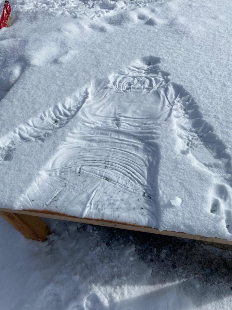 Ein in den frischen Schnee gedrückter Schneeengel.